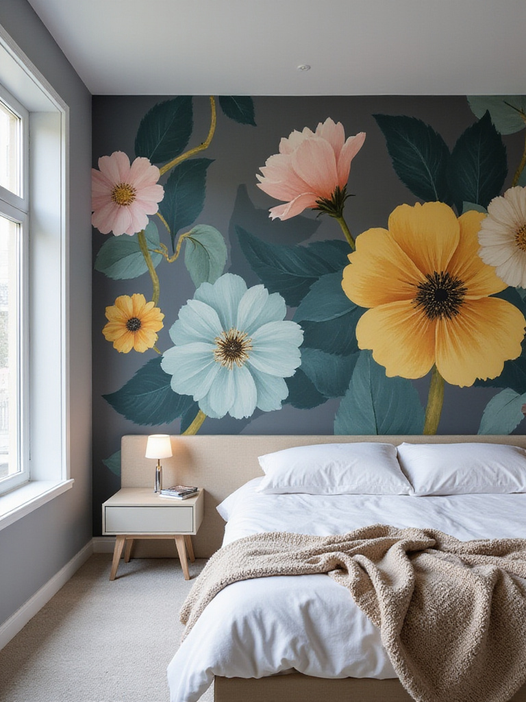 Modern bedroom with large-scale floral wallpaper on accent wall.