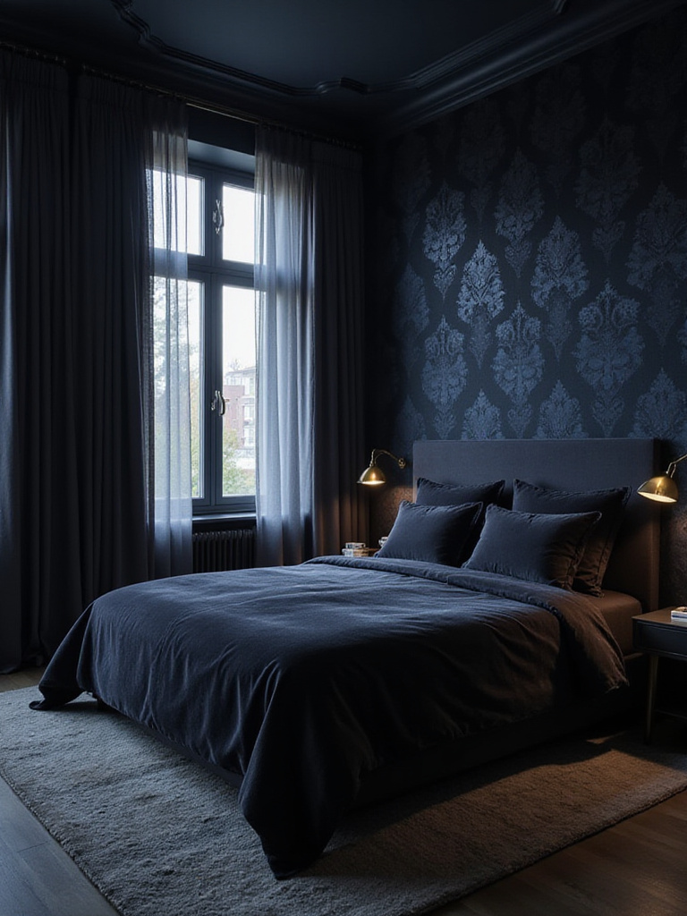 Dark navy blue damask wallpaper in a modern, dimly lit bedroom with velvet bedding.