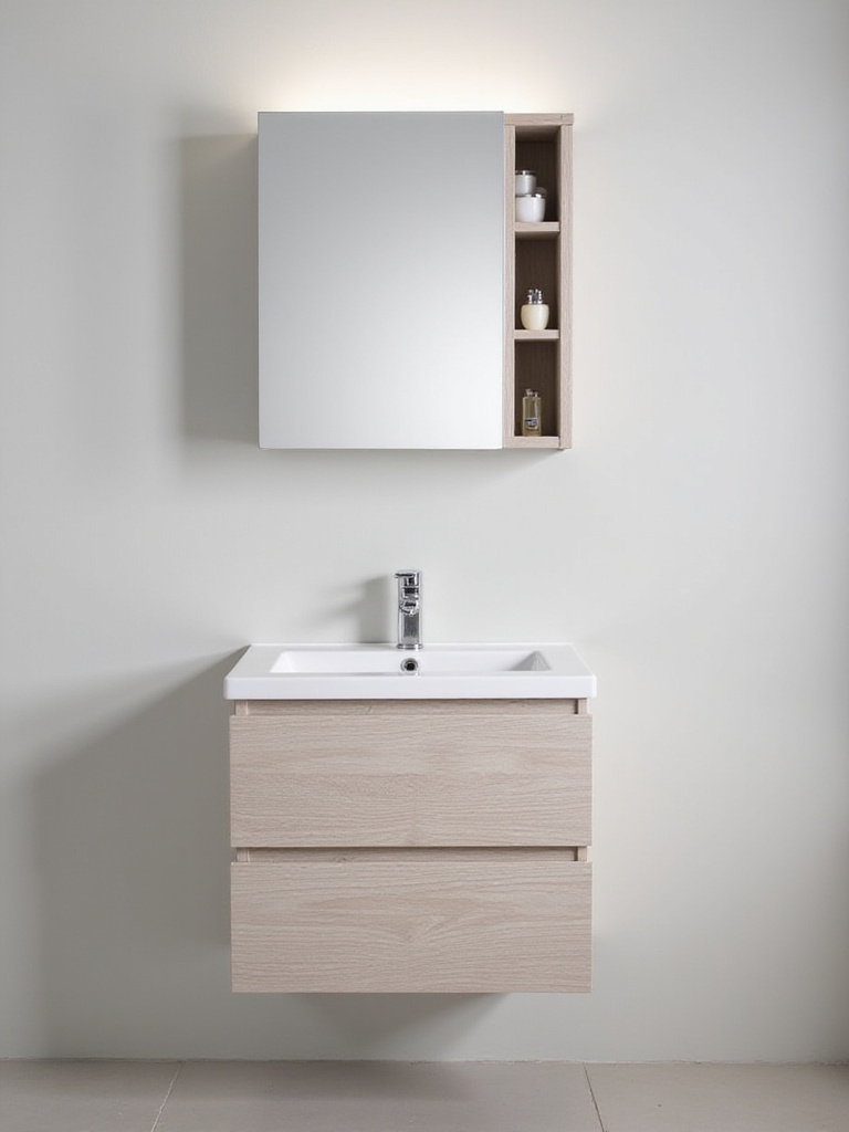Small bathroom with a floating vanity featuring built-in storage drawers below a wall-mounted mirrored medicine cabinet, maximizing space and function.