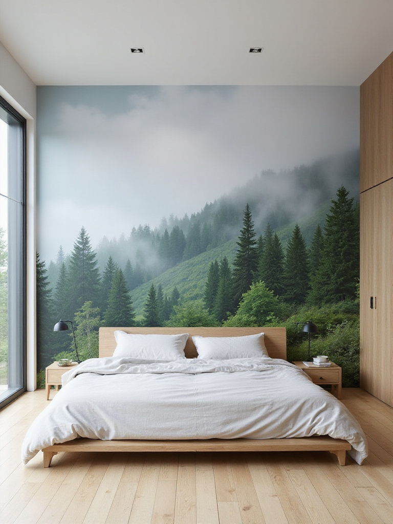 Modern bedroom with a scenic forest mural wallpaper behind the bed