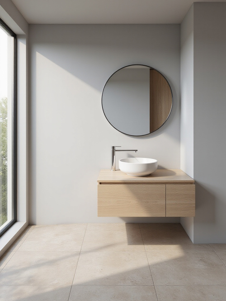 Modern bathroom with soft gray walls, beige tiles, and a natural wood vanity, showcasing a muted color palette.