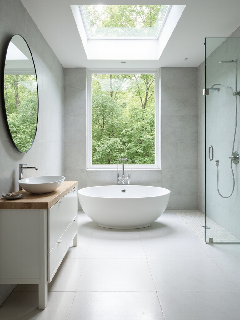 Modern bathroom with large window above bathtub and skylight above shower, maximizing natural light