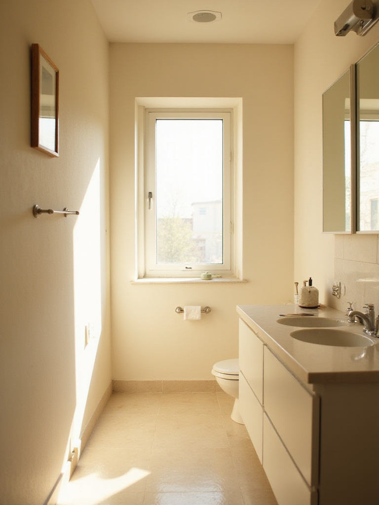 A small, bright bathroom interior flooded with natural light from a window, featuring light walls and a large mirror reflecting the light to make the space feel larger and more open.