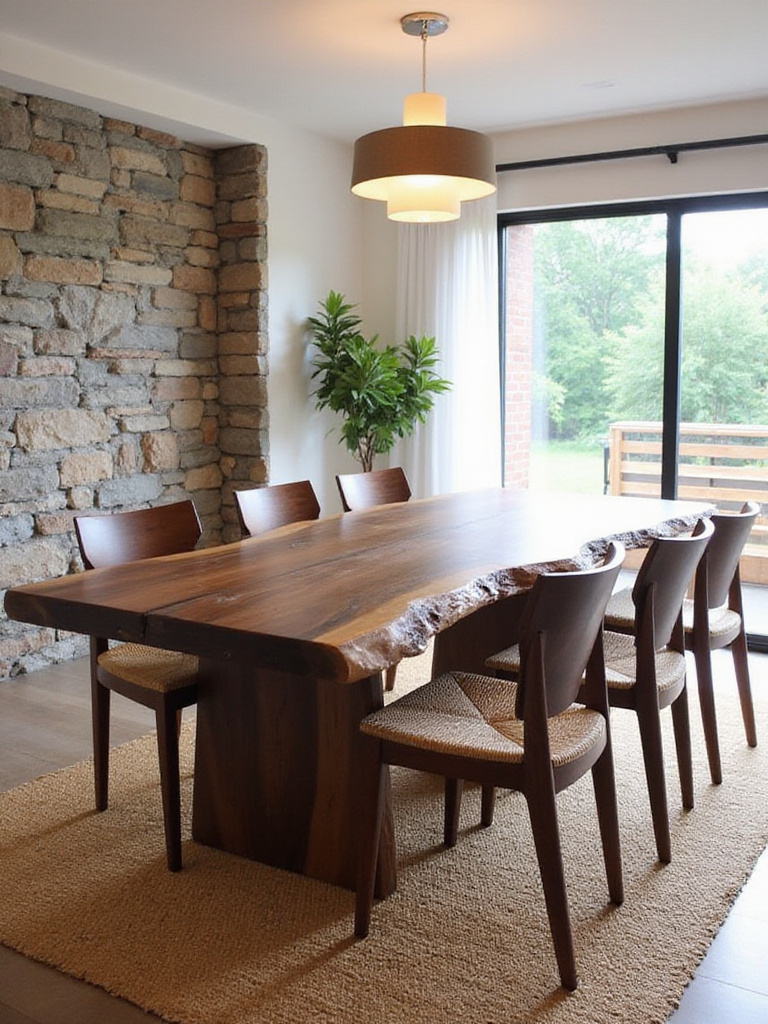 Modern dining room with live-edge wood table, stone accent wall, and natural fiber rug.