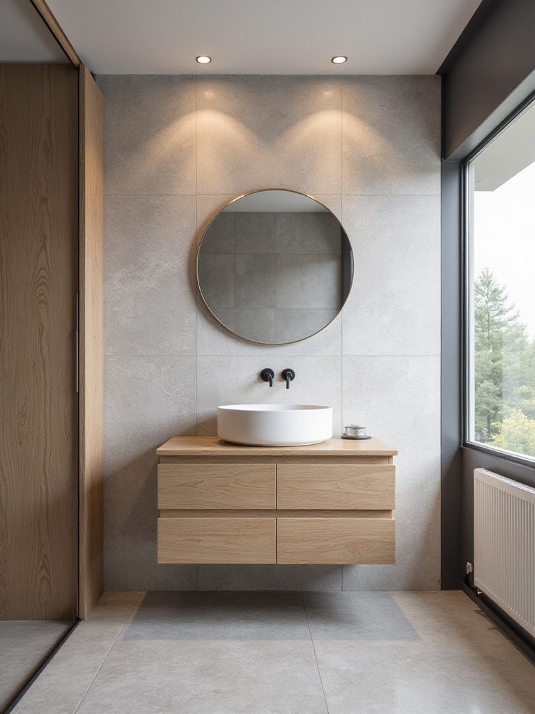 Modern bathroom with light wood floating vanity and white vessel sink.
