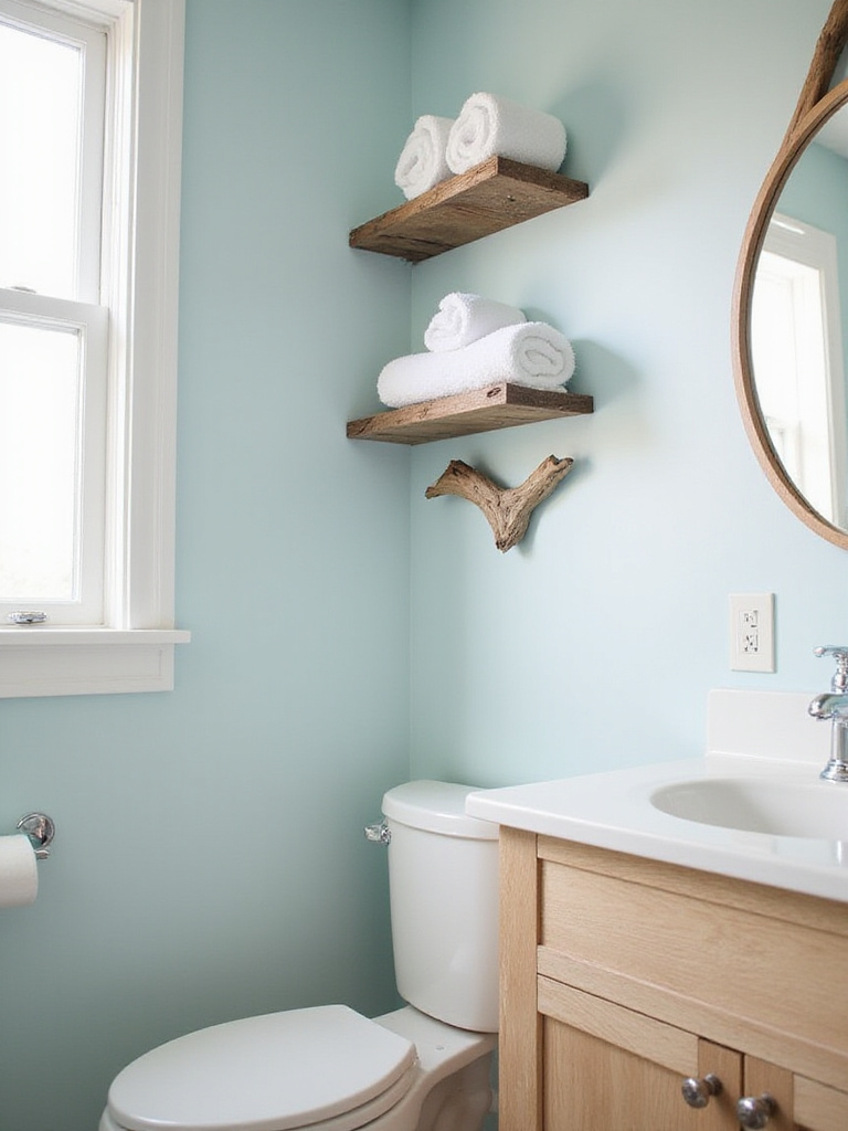 Beach bathroom with light wood vanity, driftwood shelves, and coastal decor.
