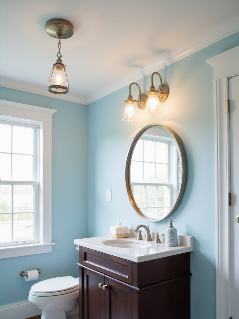 Nautical bathroom with lantern sconces and buoy pendant light.