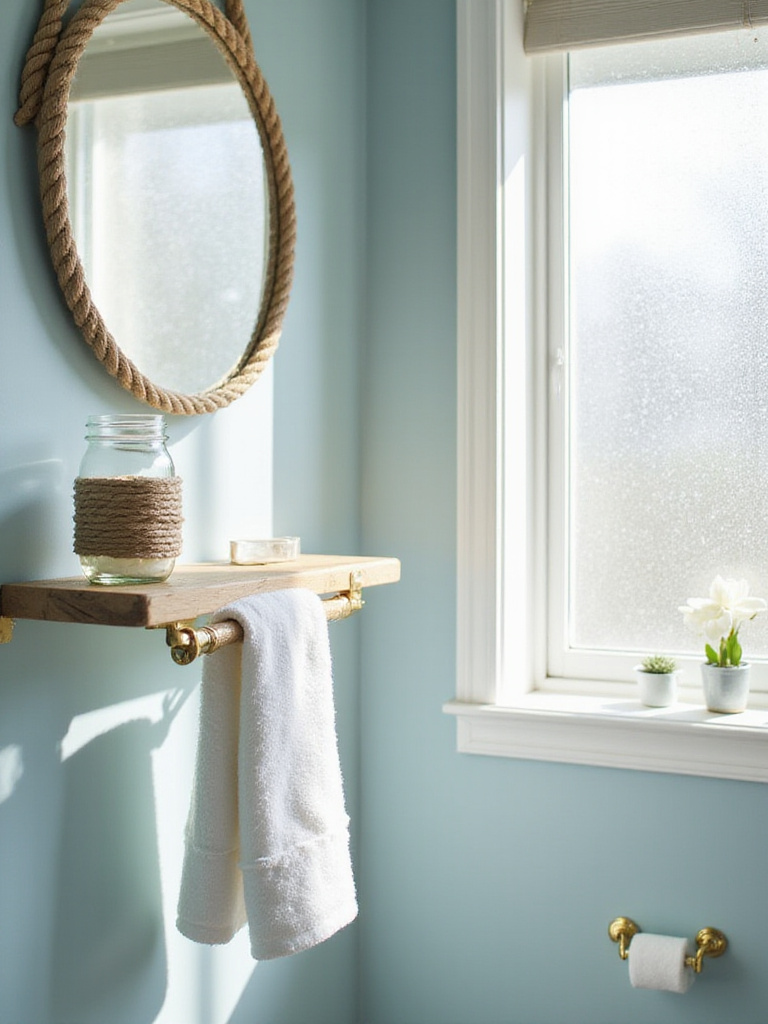 Bathroom with nautical rope mirror, towel holder, and toothbrush holder