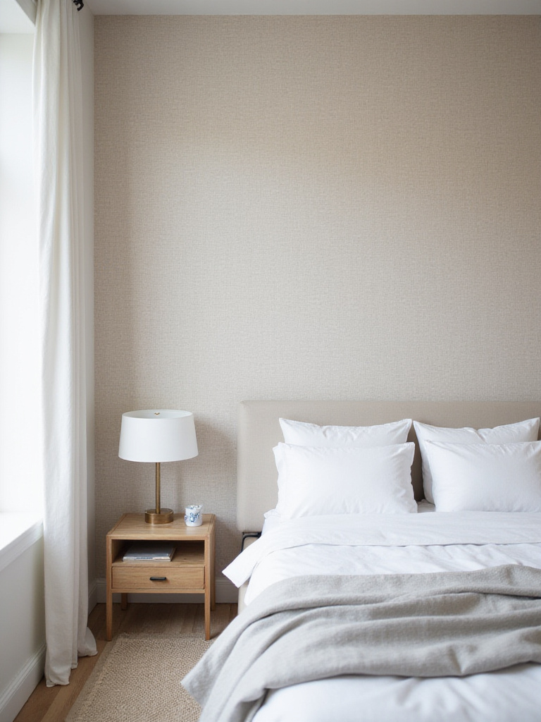 Modern bedroom with neutral linen textured wallpaper