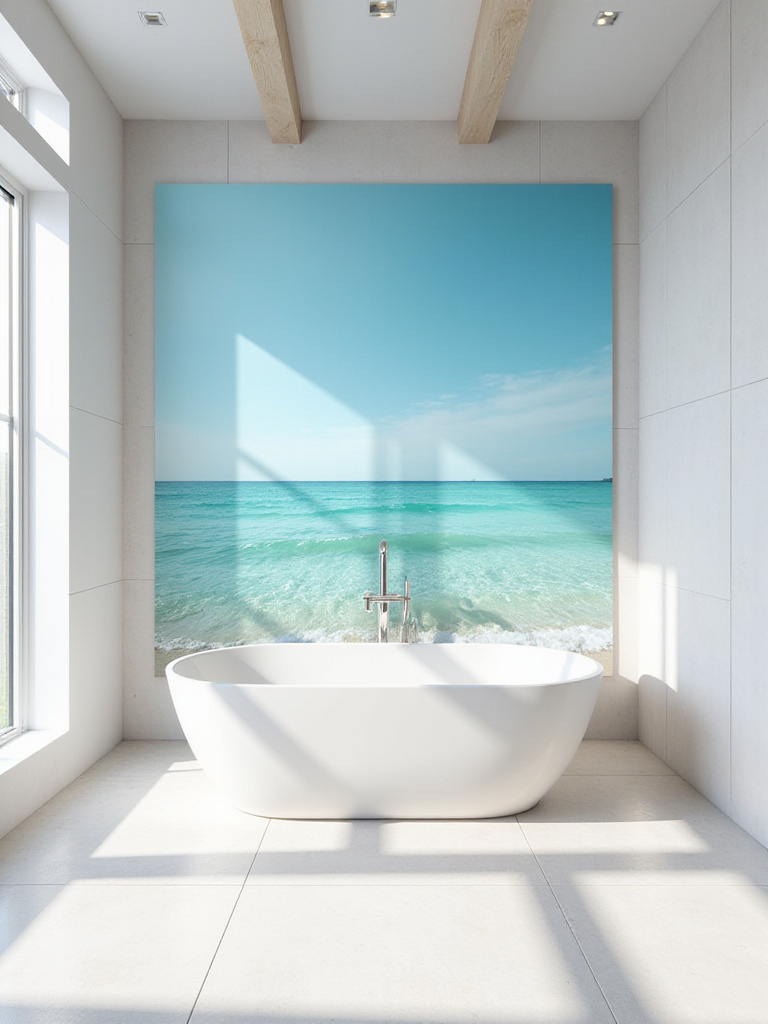 Modern bathroom featuring a large-scale ocean photograph as a focal point.