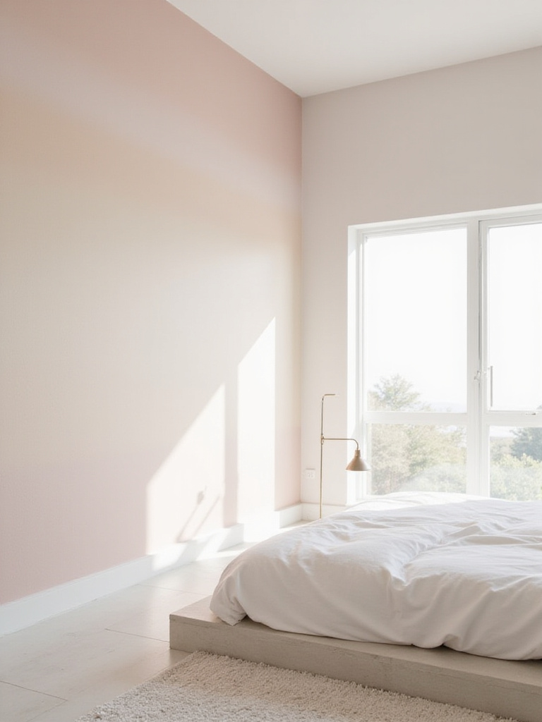 Modern bedroom featuring blush pink to white ombre wallpaper accent wall.