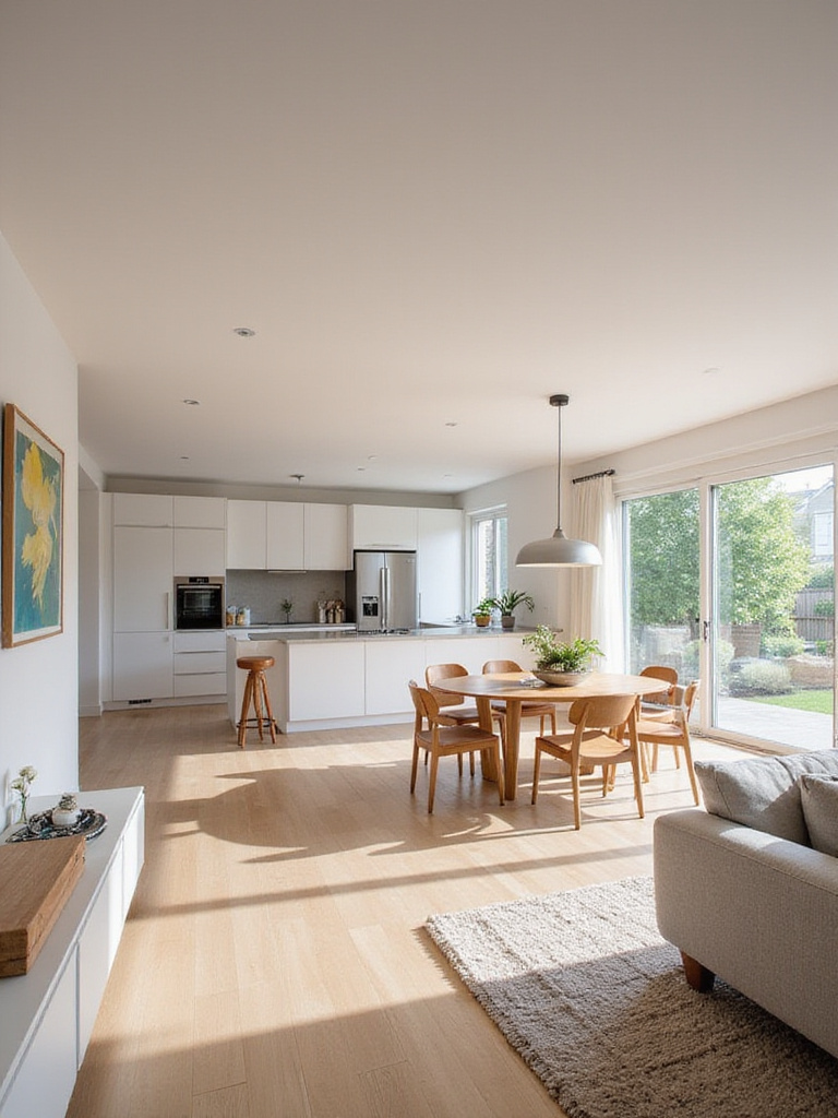 Modern open-plan dining area seamlessly integrated with kitchen and living room.