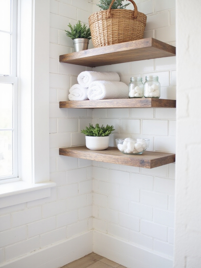 Budget-friendly bathroom remodel with open reclaimed wood shelving.