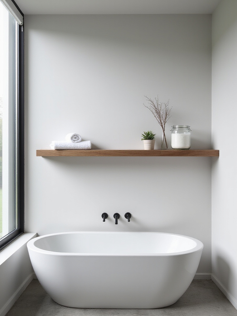 Modern bathroom with open wooden shelf displaying spa essentials above a freestanding tub.