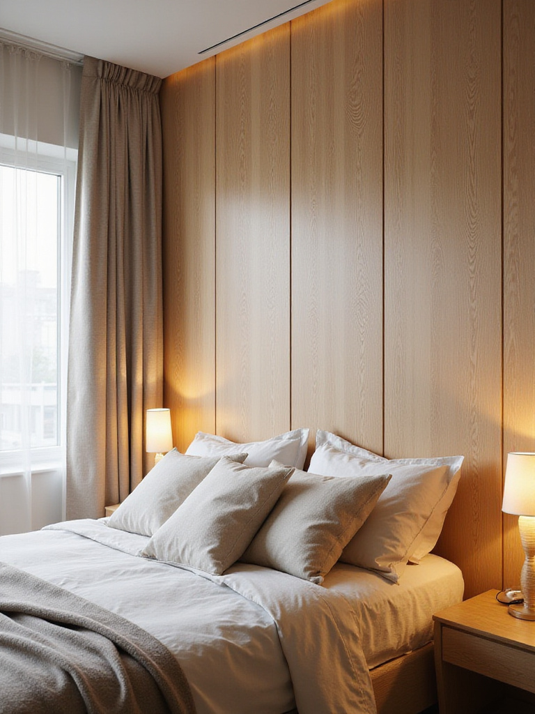 Bedroom featuring a textured wood panel wall behind the bed