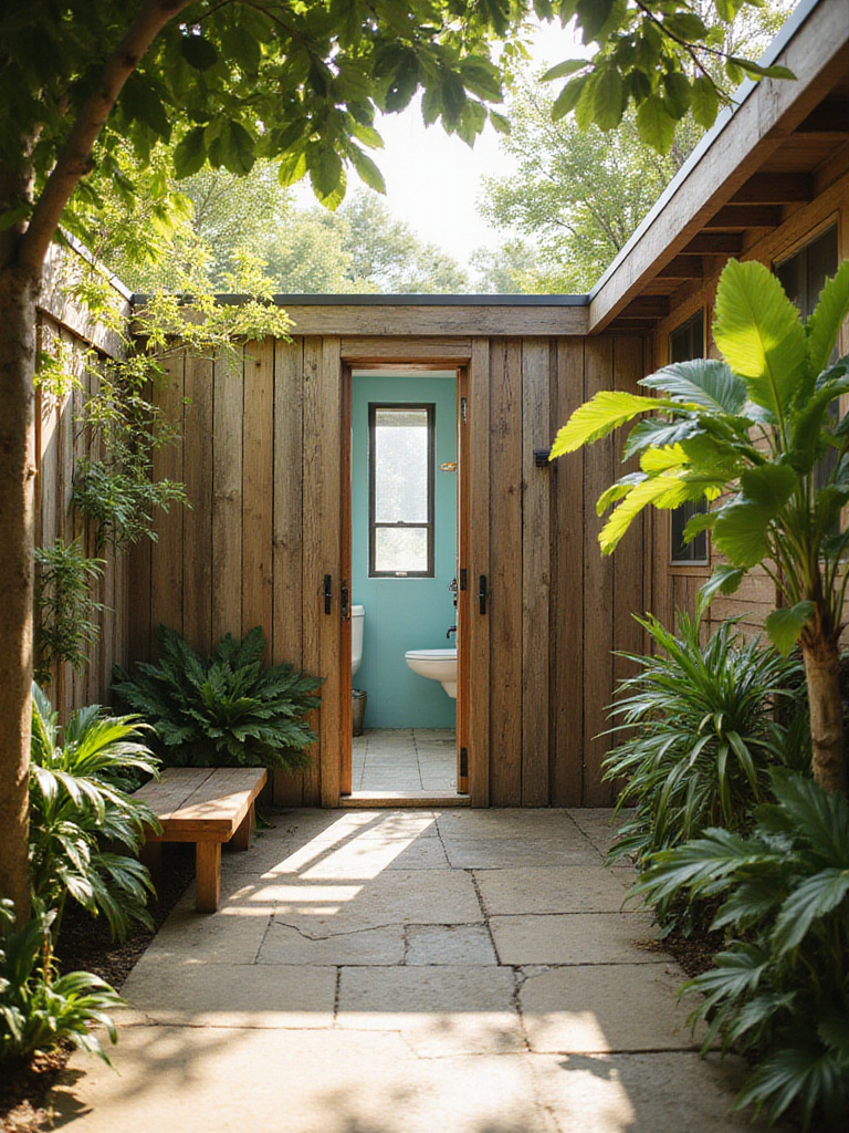 Beach bathroom with direct access to a private outdoor shower.