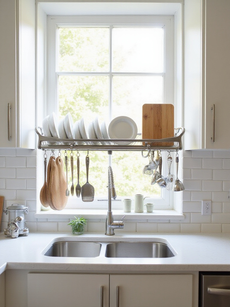Over-the-sink dish rack maximizing counter space in a small kitchen.