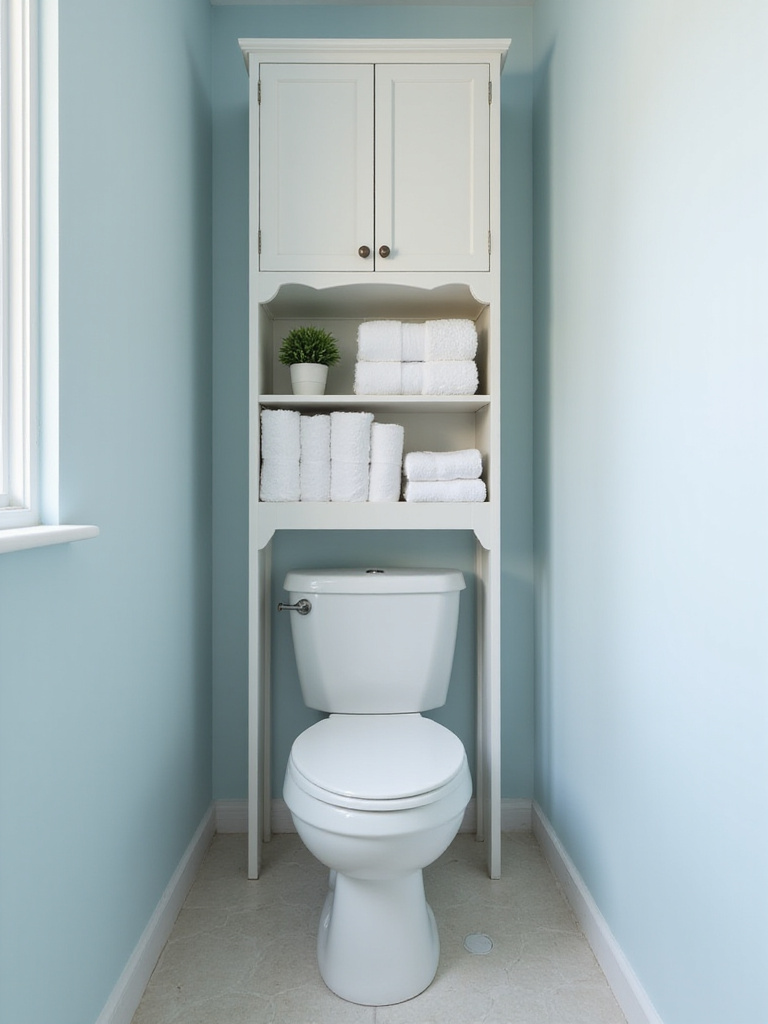 Over-the-toilet storage unit with shelves and a cabinet in a small bathroom, showing organized towels and a plant, maximizing vertical space.