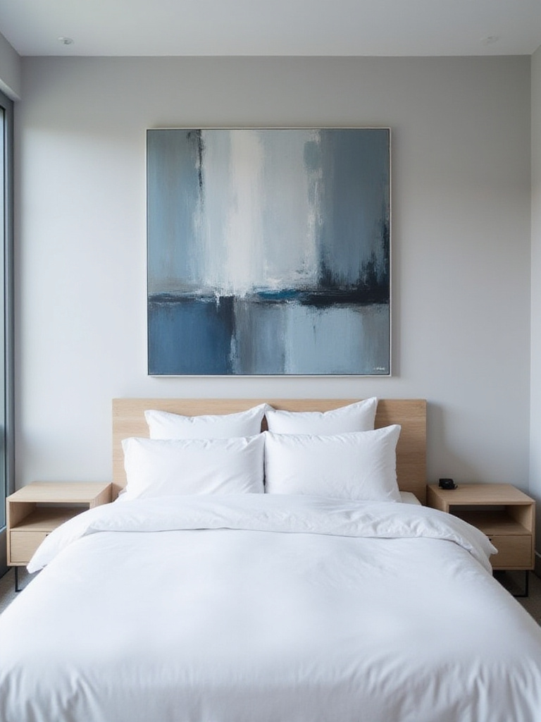 Modern bedroom with a large abstract painting above the bed