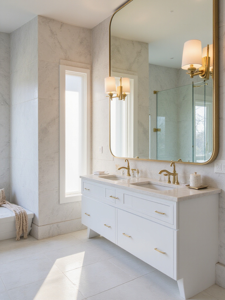 Luxurious modern bathroom with a large frameless oversized mirror reflecting a stylish vanity.