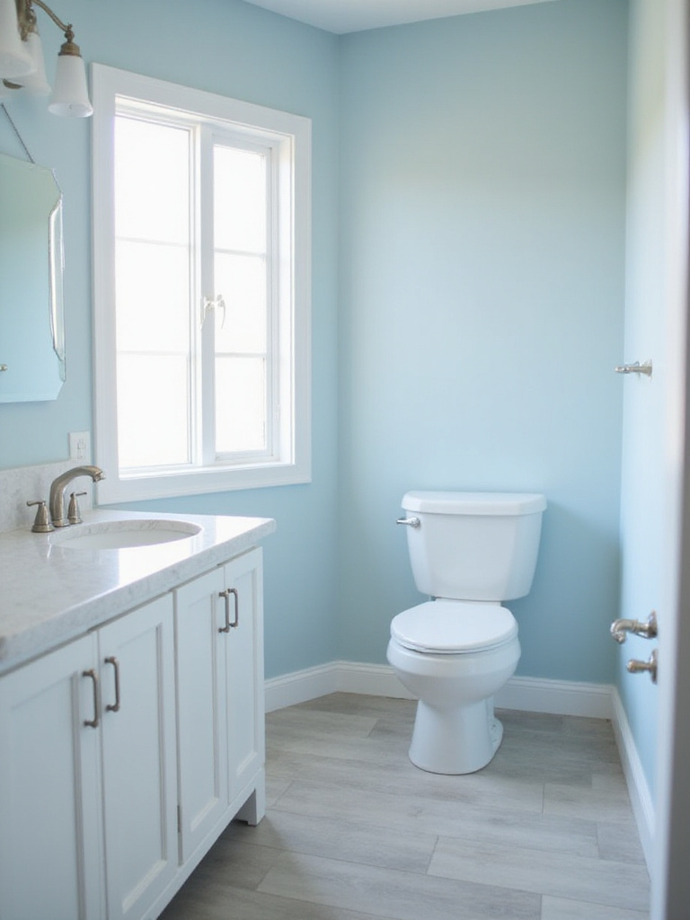 Small bathroom remodel with light blue walls and repainted vanity.