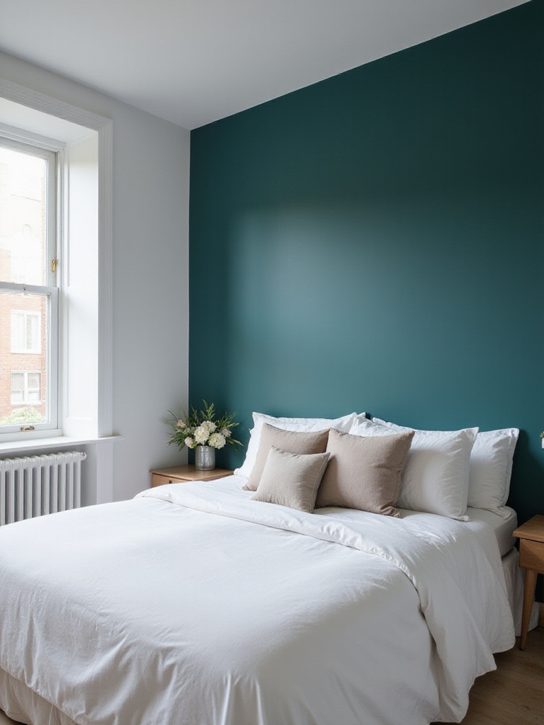 Modern bedroom with deep teal accent wall behind bed