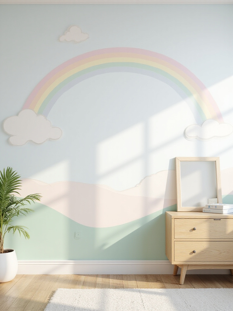 Whimsical bedroom mural featuring pastel hills and a rainbow