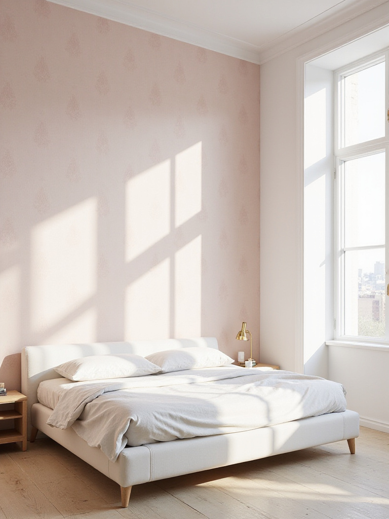 Light and airy bedroom featuring blush pink pastel wallpaper with a subtle geometric pattern.