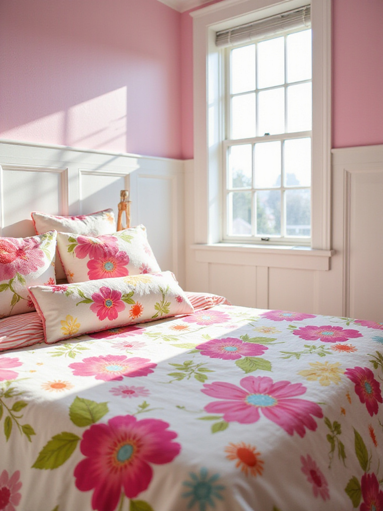 Girl's bedroom with floral patterned bedding set