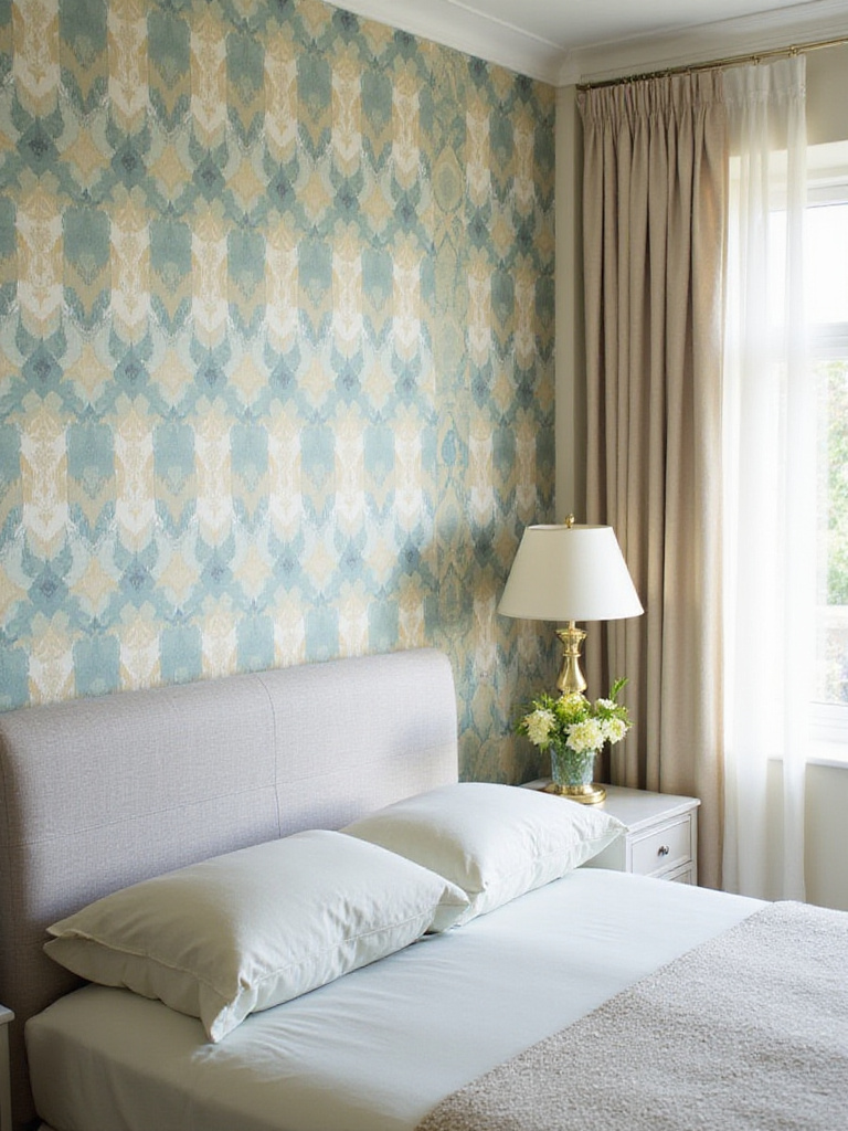 Bedroom with geometric patterned wallpaper feature wall