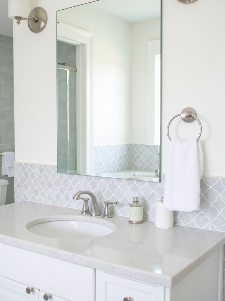 Bathroom backsplash updated with geometric patterned peel and stick tile.