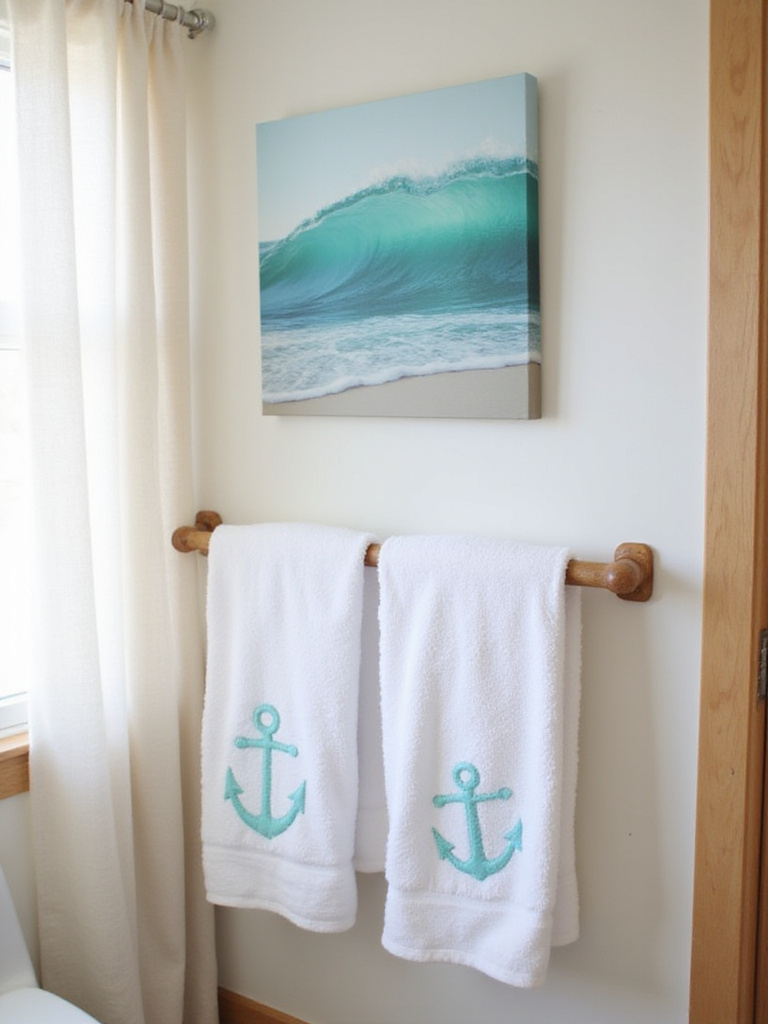Beach bathroom with monogrammed towels and custom ocean wave art.