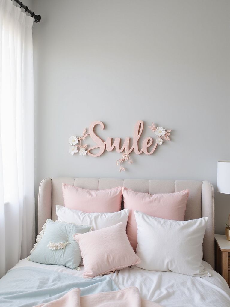 Girl's bedroom with pastel bedding and a personalized pink wooden name sign with floral accents above the bed.