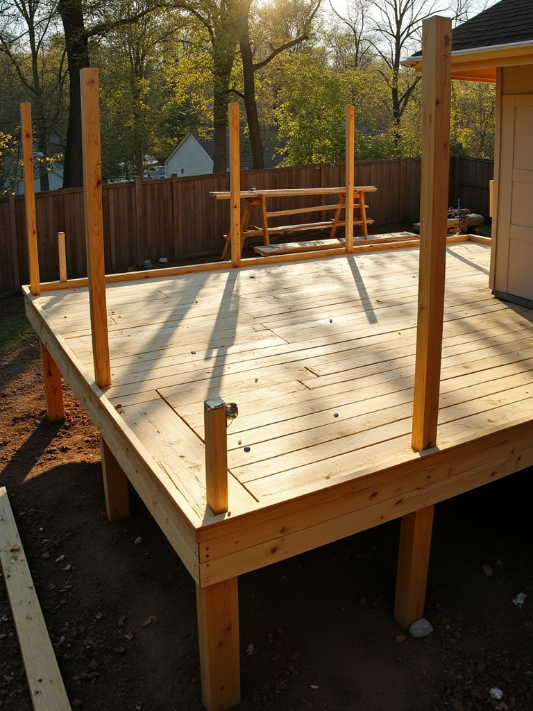 Partially constructed wooden deck showing framing and some decking boards, illustrating phased construction on a budget.