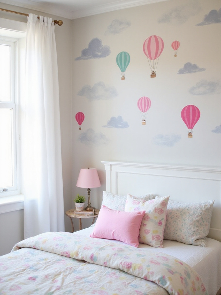 Girl's bedroom with playful hot air balloon wallpaper accent wall