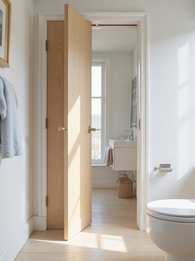 Stylish light wood pocket door partially open in a small, modern bathroom, illustrating how it saves space by sliding into the wall.