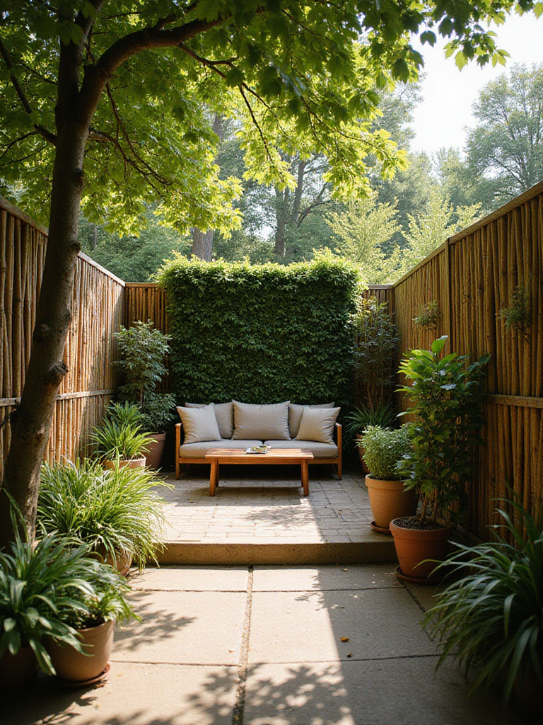 Secluded backyard patio with bamboo fencing, living wall, and potted trees for privacy.