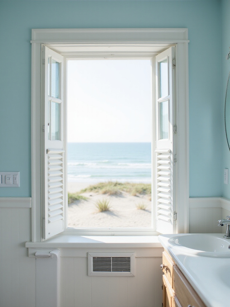 Bright and airy beach bathroom with open window for ventilation