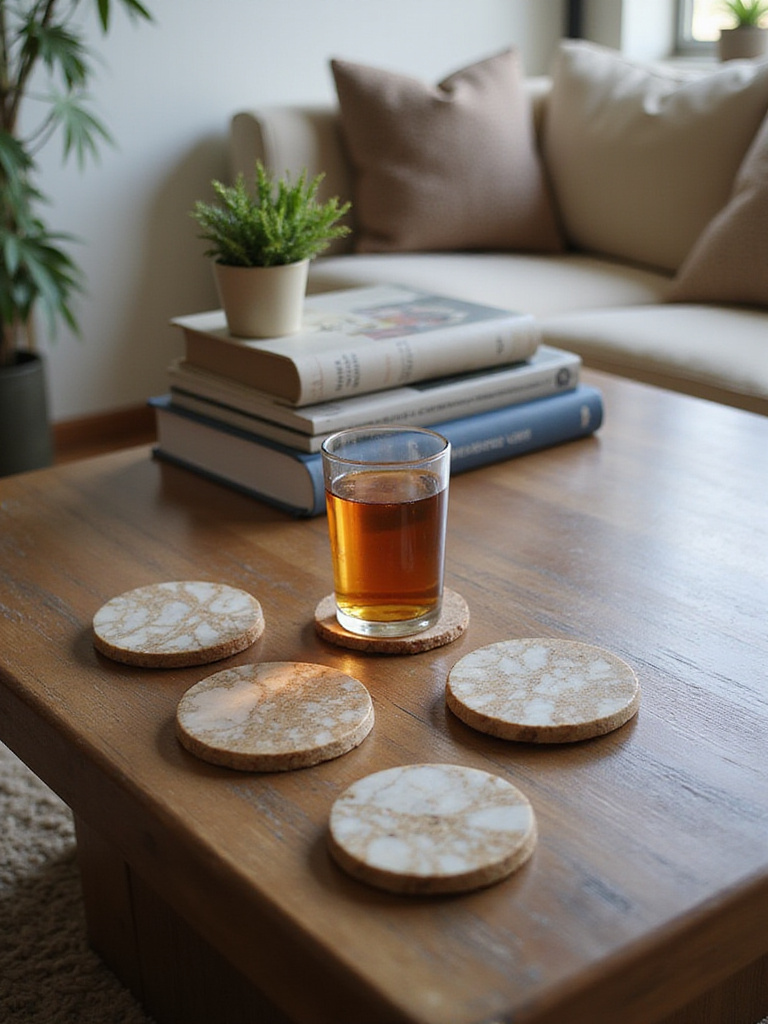 Decorative marble coasters on a coffee table protecting the surface from a glass of iced tea