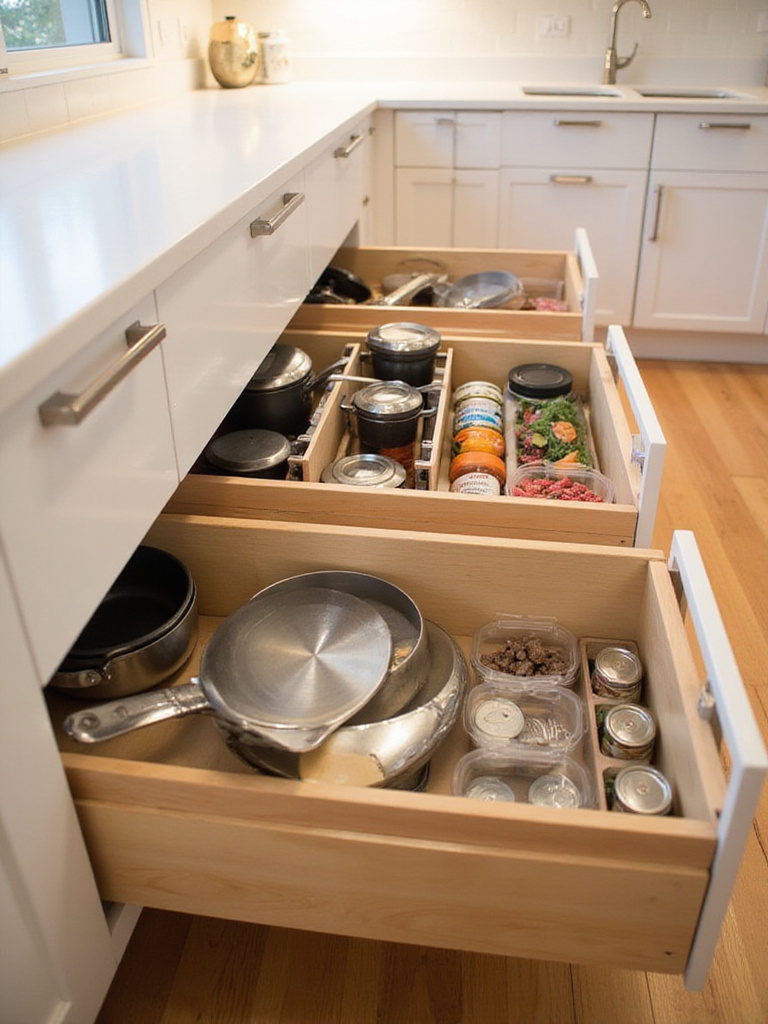 Pull-out drawers maximizing storage space in a small kitchen.