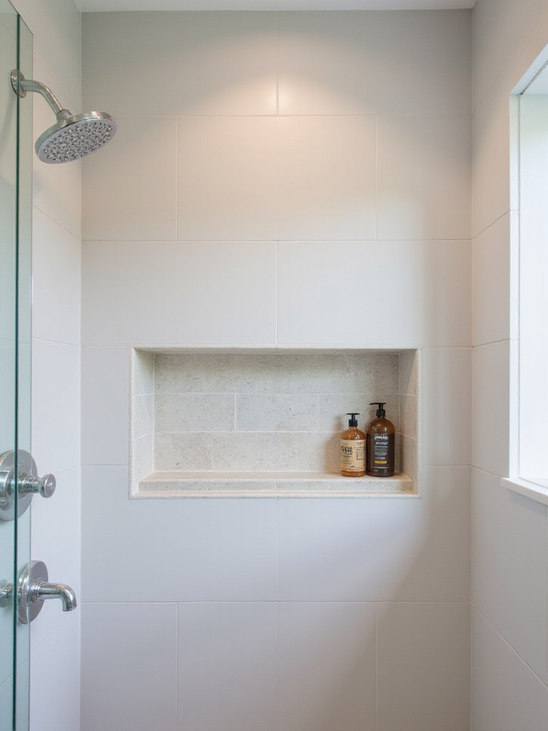 Modern shower with a large, horizontal recessed niche built into the tiled wall, providing neat storage for toiletries in a small bathroom.