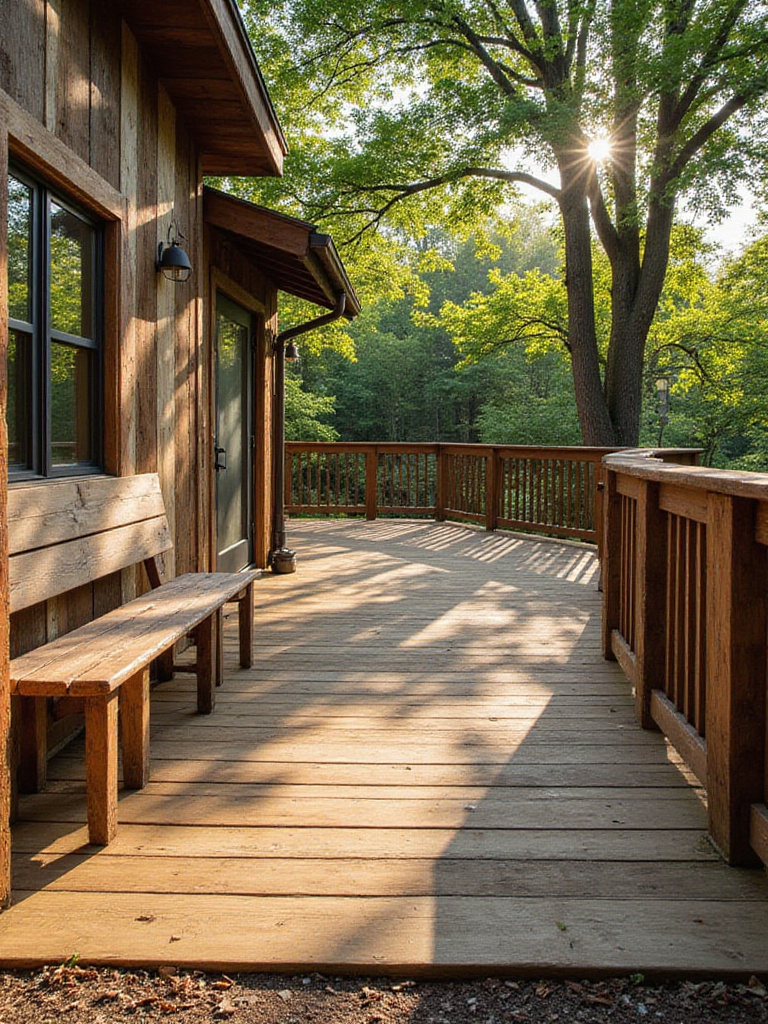 Outdoor deck built with reclaimed wood railings, benches, and skirting, showcasing unique textures and colors in a garden setting.