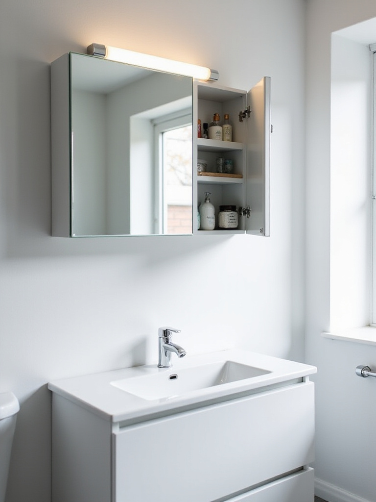 Mirrored cabinet above vanity in small bathroom, showcasing storage space