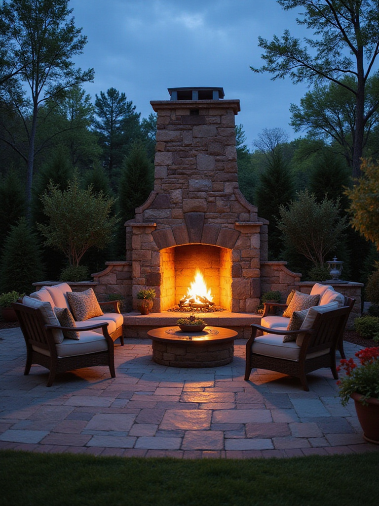 Backyard patio with a striking natural stone outdoor fireplace as the focal point.