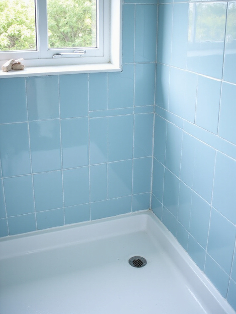 Freshly grouted and caulked shower stall with clean, white lines.
