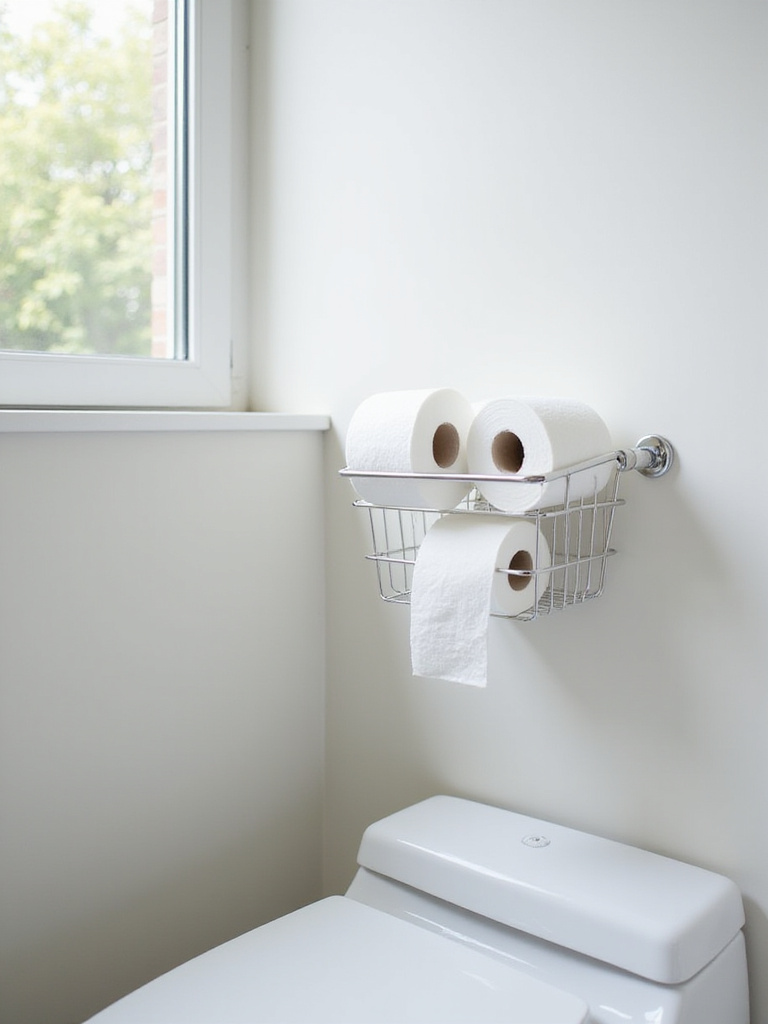 Chrome wire basket mounted on bathroom wall, holding toilet paper.