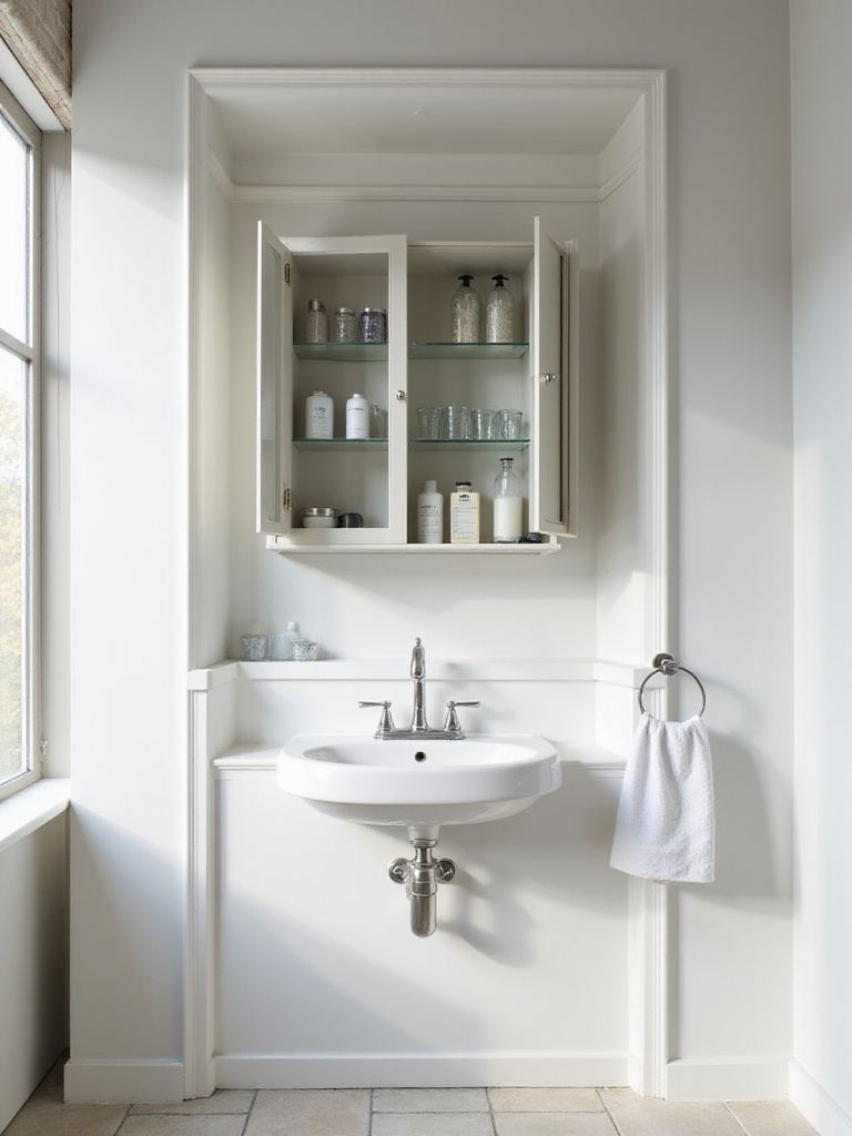 Recessed medicine cabinet with organized storage in a small bathroom.