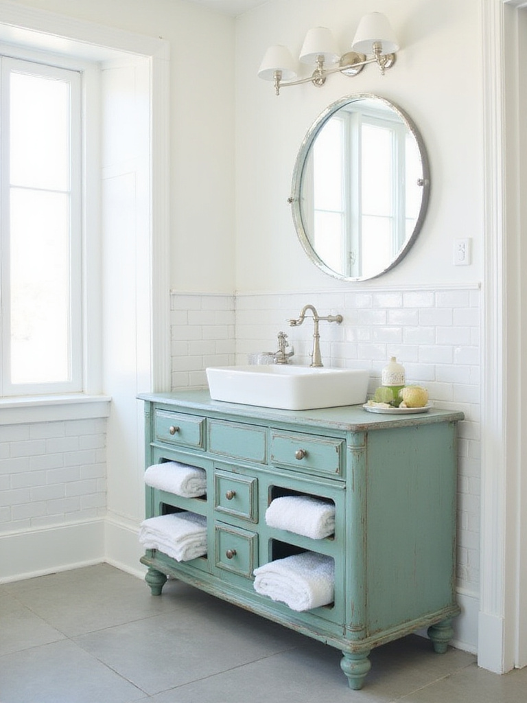 Repurposed teal dresser as bathroom vanity with white vessel sink