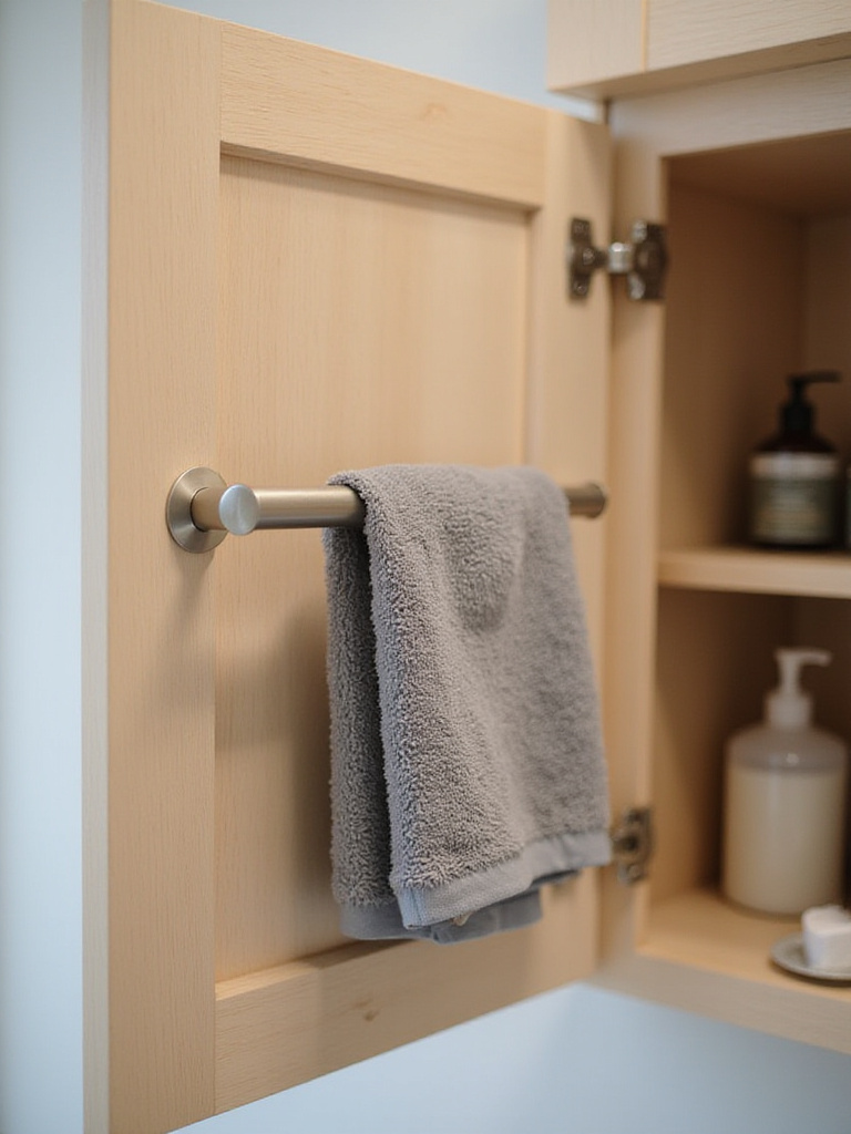 Hand towel hanging on a brushed nickel towel bar inside a bathroom cabinet door