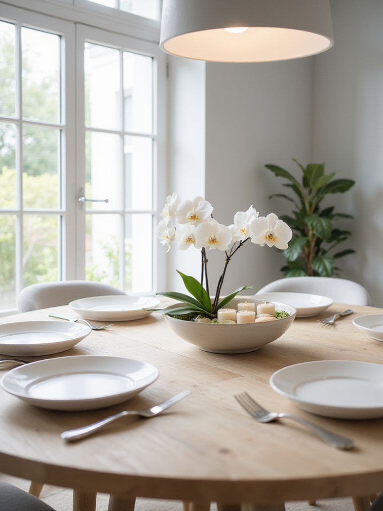 Modern dining room with round wood table set for an intimate gathering, featuring a white orchid centerpiece.